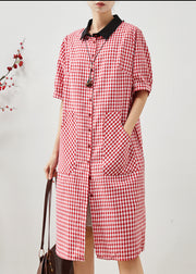 Unique Red Peter Pan Collar Plaid Linen Dresses Summer