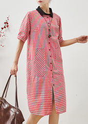 Unique Red Peter Pan Collar Plaid Linen Dresses Summer