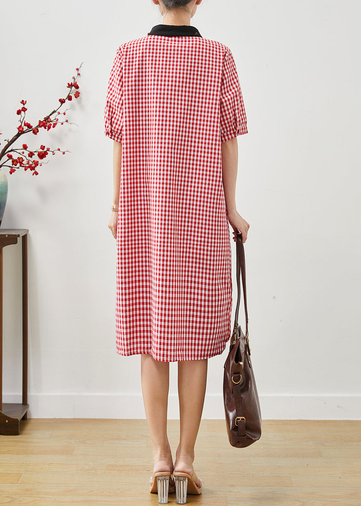 Unique Red Peter Pan Collar Plaid Linen Dresses Summer