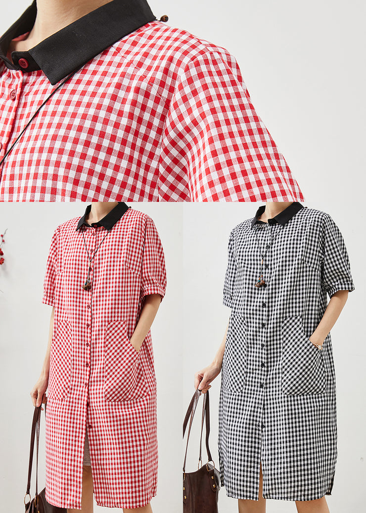 Unique Red Peter Pan Collar Plaid Linen Dresses Summer