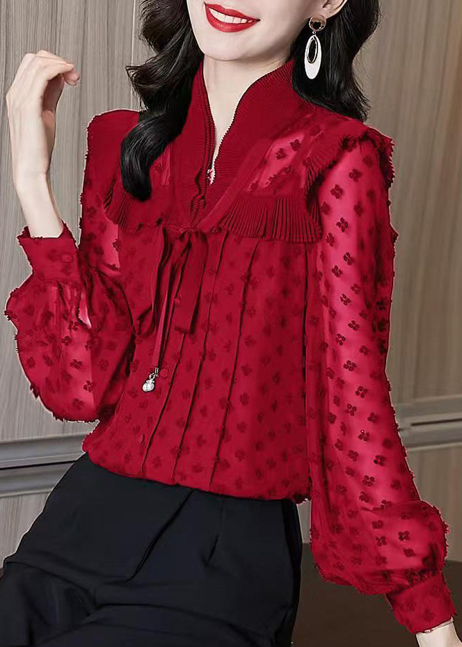 Unique Red Ruffled Jacquard Chiffon Shirts Lantern Sleeve