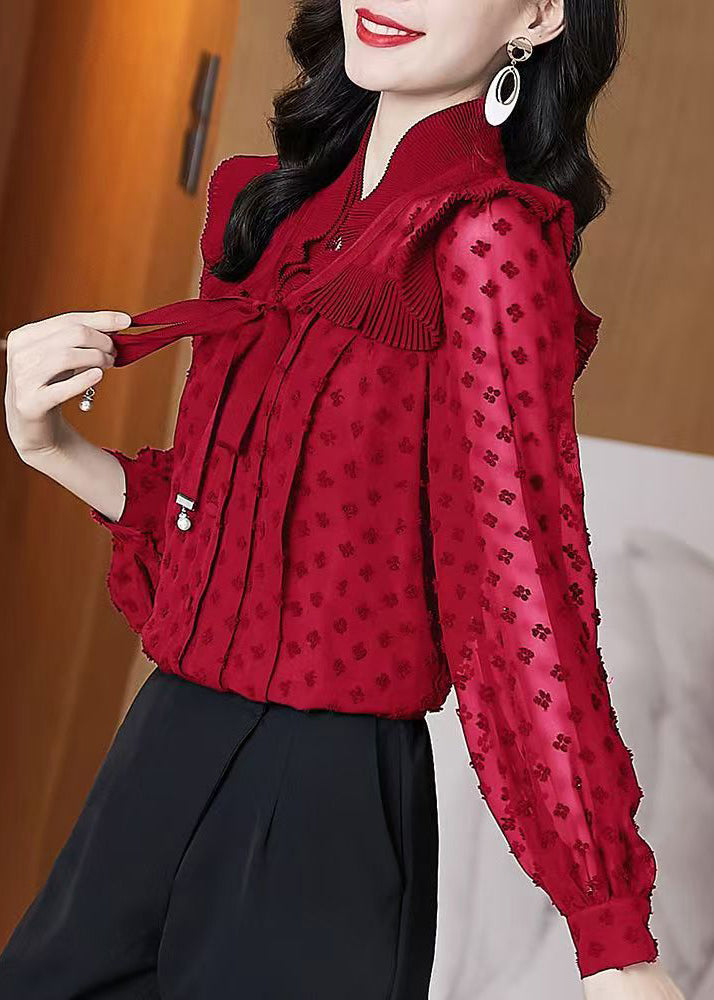 Unique Red Ruffled Jacquard Chiffon Shirts Lantern Sleeve