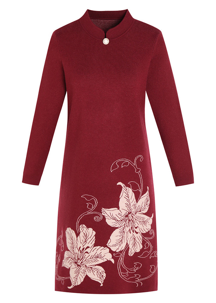 Unique Red Stand Collar Print Knitted Sweaters Dress Spring