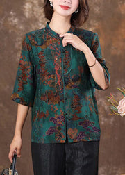 Unique Red Stand Collar Print Slim Silk Shirt Tops Half Sleeve