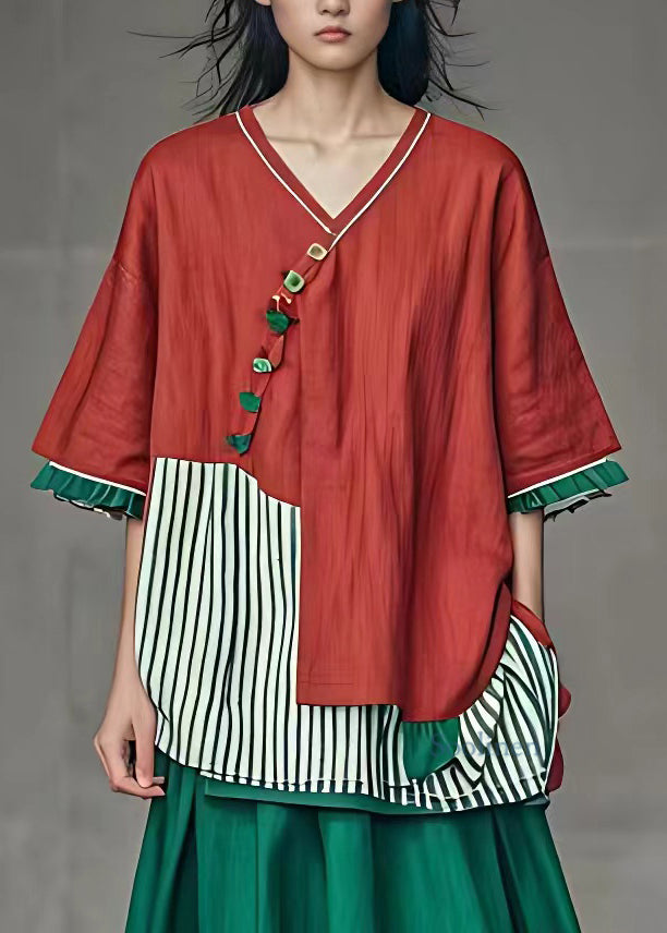 Unique Red Striped Patchwork Tops Summer