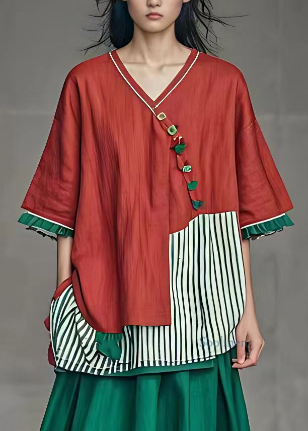 Unique Red Striped Patchwork Tops Summer