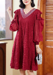 Unique Red V Neck Embroidered Ruffled Tulle Patchwork Zircon Mid Dresses Long Sleeve