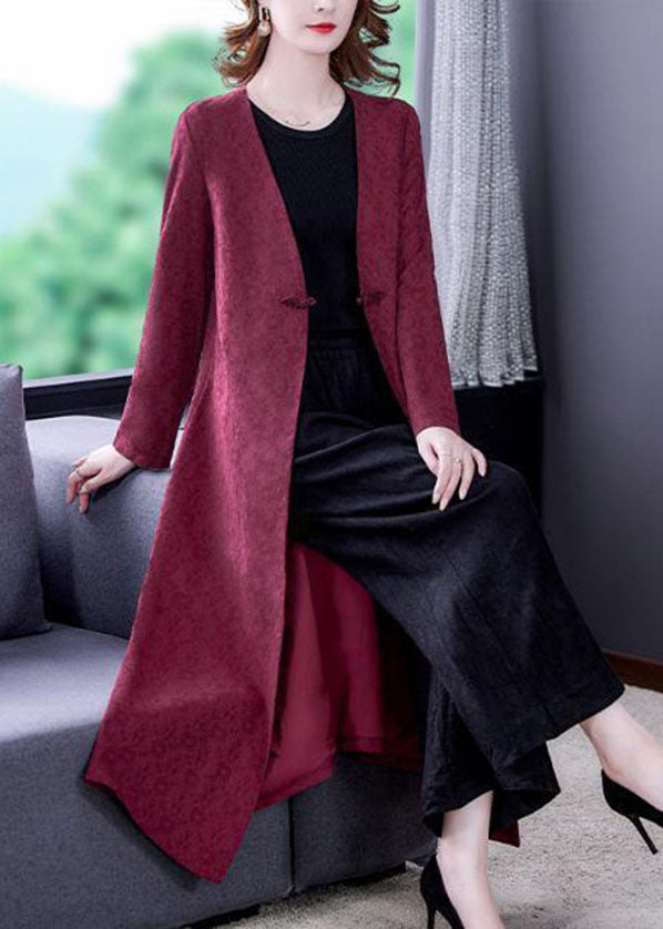 Unique Red V Neck Jacquard Side Open Silk Coats Long Sleeve