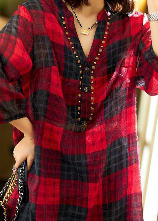 Unique Red V Neck Plaid Patchwork Chiffon Shirt Tops Spring