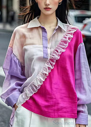 Unique Rose Button Patchwork Cotton Blouses Long Sleeve