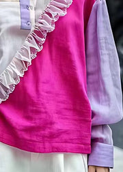 Unique Rose Button Patchwork Cotton Blouses Long Sleeve
