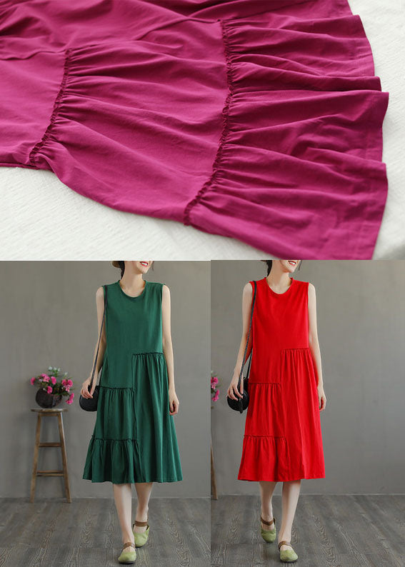 Unique Rose O-Neck Wrinkled Cotton Maxi Dresses Sleeveless