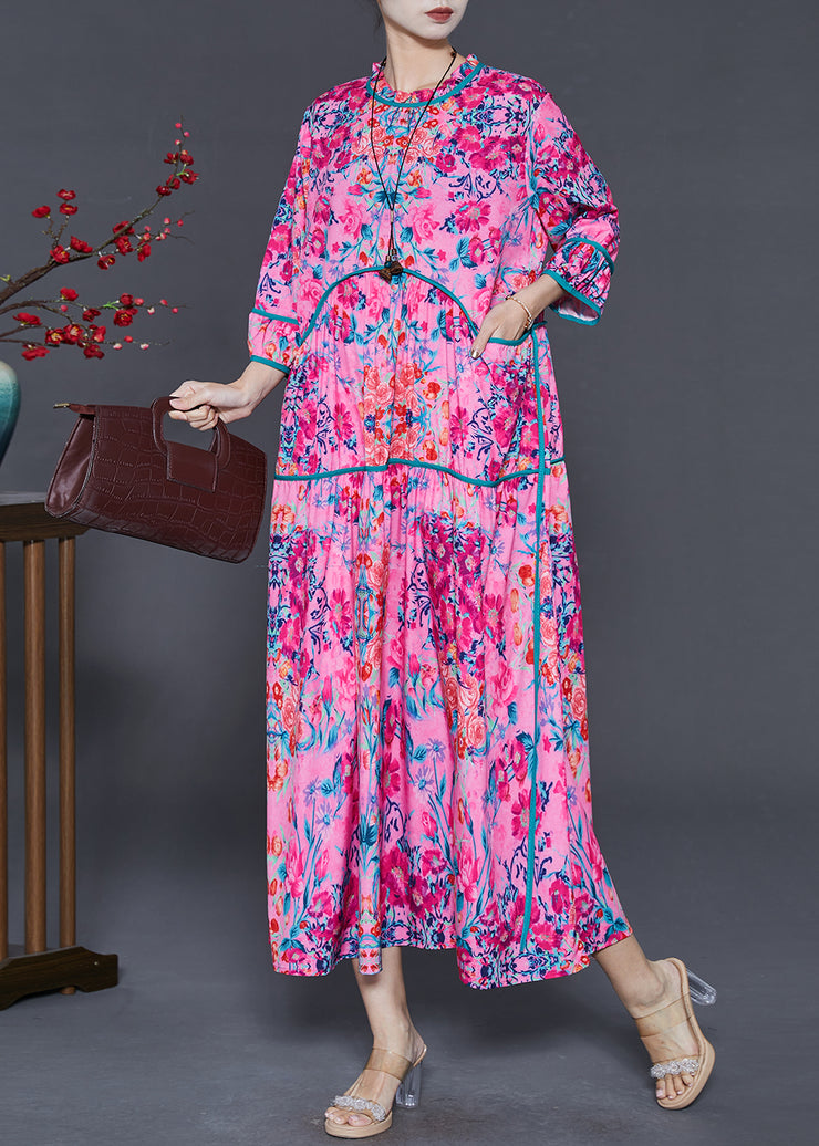 Unique Rose Oversized Print Silk Maxi Dress Bracelet Sleeve