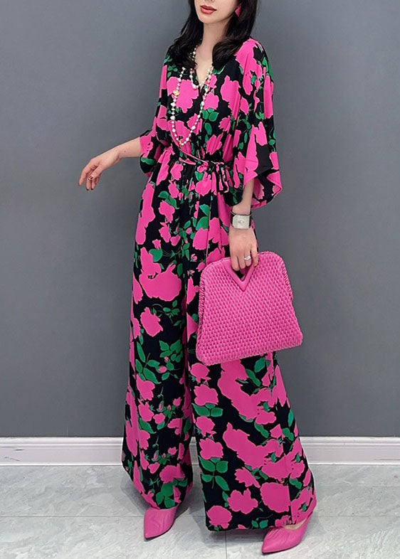 Unique Rose V Neck Print Patchwork Chiffon Jumpsuits Summer