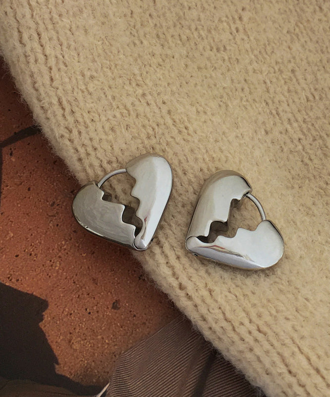 Unique Silk Sterling Silver Heart Shape Hollowed Out Stud Earrings