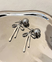 Unique Silk Sterling Silver Metal Pearl Bow Drop Earrings
