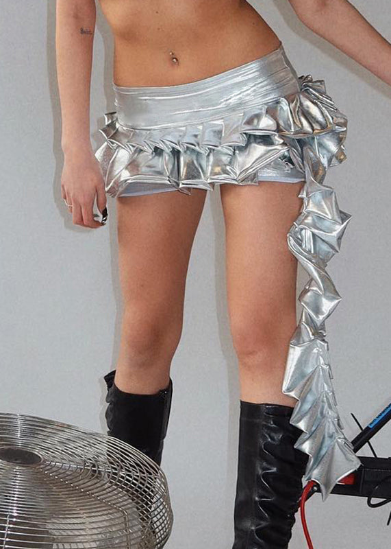 Unique Silver Asymmetrical High Waist Patchwork Pleated Skirt Summer