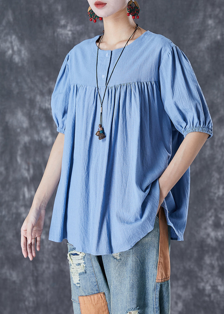 Unique Sky Blue Oversized Patchwork Linen Top Summer