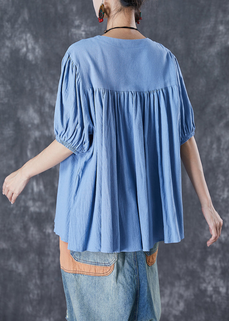 Unique Sky Blue Oversized Patchwork Linen Top Summer