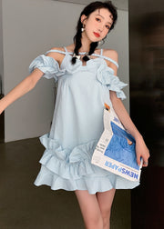 Unique Sky Blue Ruffled Jacquard Patchwork Cotton Holiday Dress Summer