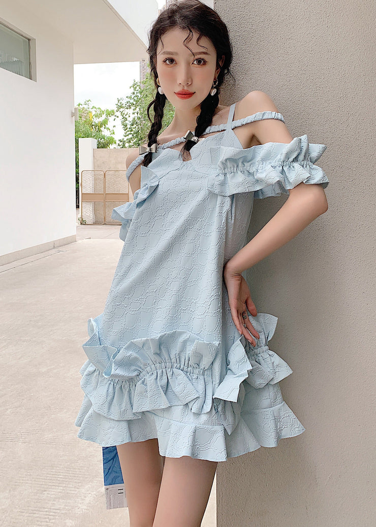 Unique Sky Blue Ruffled Jacquard Patchwork Cotton Holiday Dress Summer