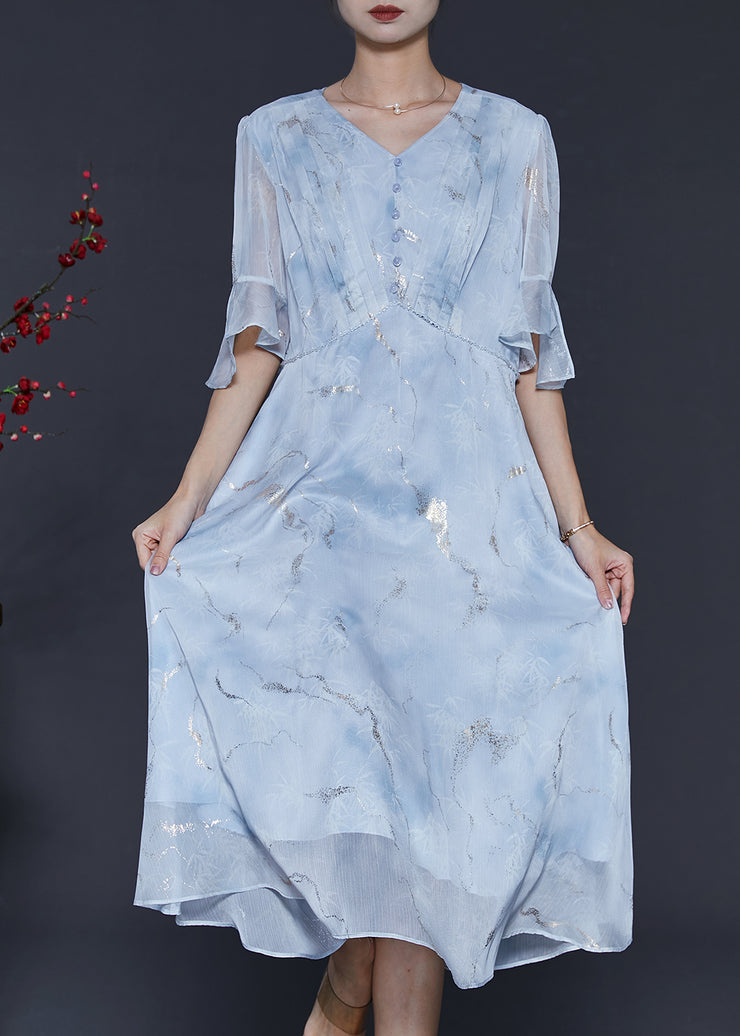 Unique Sky Blue Sequins Wrinkled Jacquard Chiffon Dress Summer