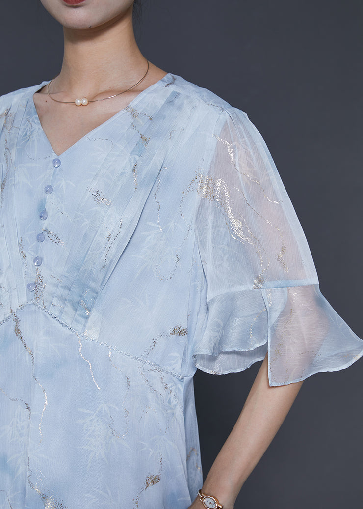 Unique Sky Blue Sequins Wrinkled Jacquard Chiffon Dress Summer