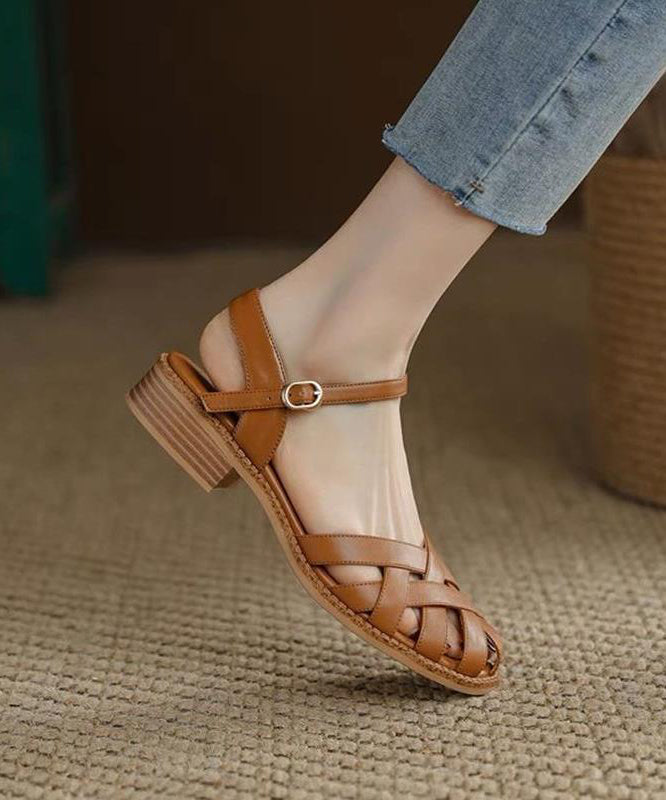 Unique Splicing Chunky Sandals Brown Faux Leather Hollow Out