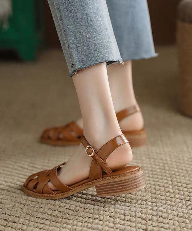Unique Splicing Chunky Sandals Brown Faux Leather Hollow Out