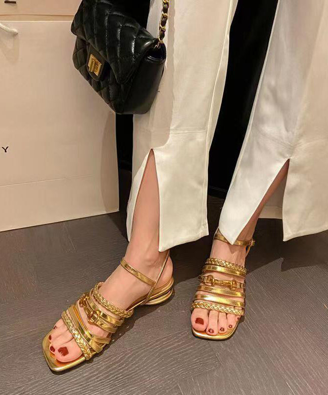 Unique Splicing Sandals Peep Toe Gold Sheepskin Hollow Out