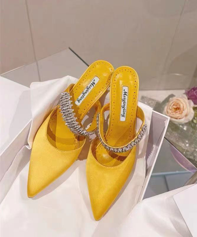 Unique Splicing Zircon Stiletto Yellow Satin Slide Sandals