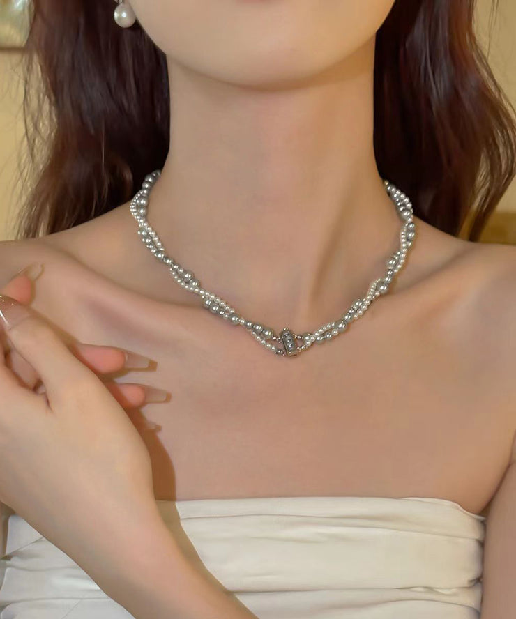 Unique Stainless Steel Double Layer Pearl Graduated Bead Necklace