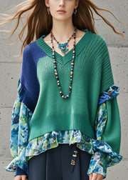 Unique Tea Green Asymmetrical Patchwork Knit Pullover Fall