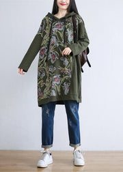 Unique Tea Green Hooded Print Cotton Shift Dress Spring