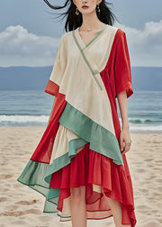 Unique V Neck Asymmetrical Patchwork Cotton Dress Summer