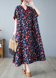 Unique V Neck Print Long Dress Short Sleeve