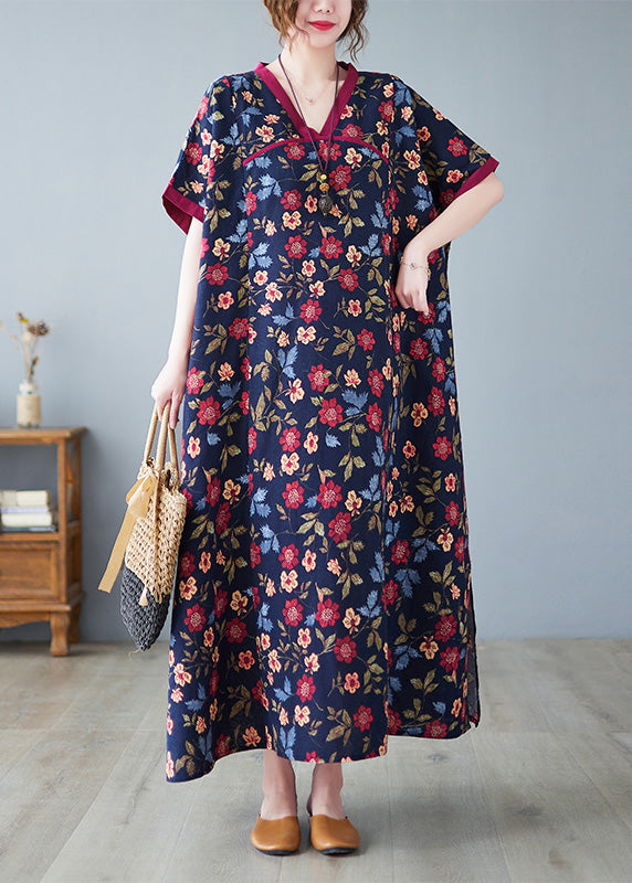 Unique V Neck Print Long Dress Short Sleeve