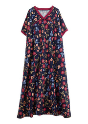 Unique V Neck Print Long Dress Short Sleeve