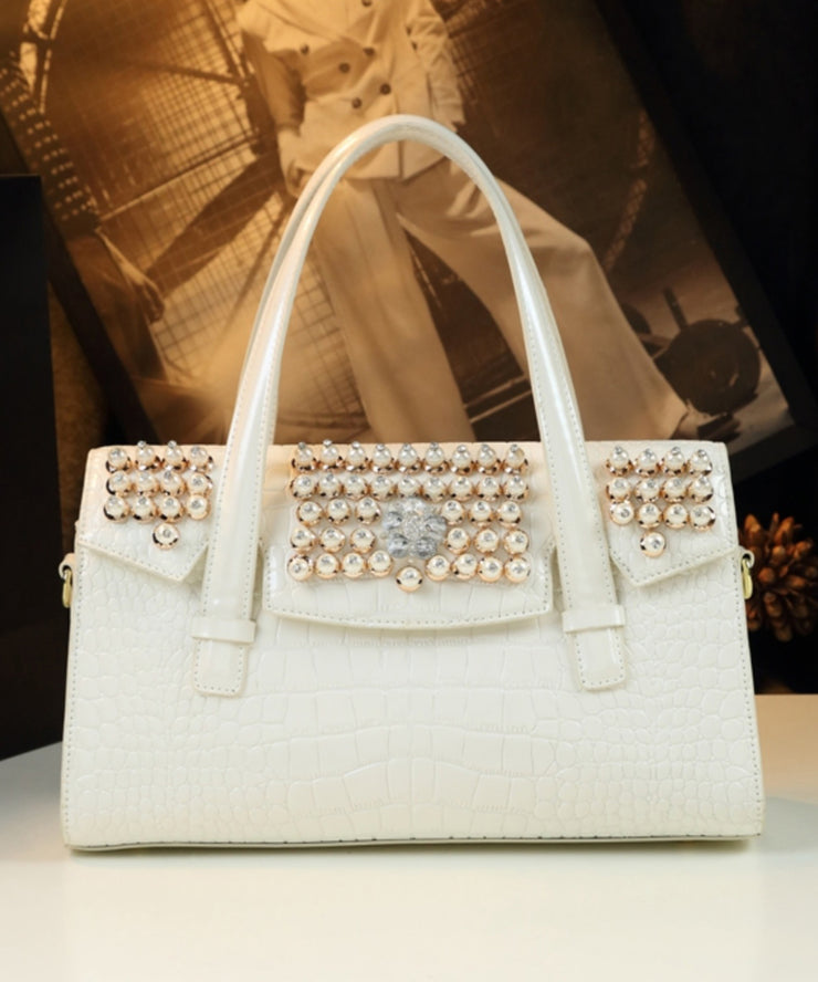 Unique White Alligator Pattern Zircon Faux Leather Tote Handbag