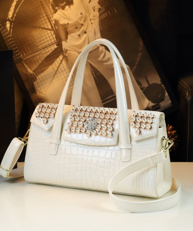 Unique White Alligator Pattern Zircon Faux Leather Tote Handbag