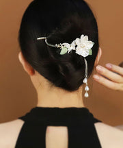 Unique White Alloy Zircon Pearl Jade Floral Tassel Hairpin