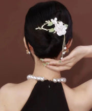 Unique White Alloy Zircon Pearl Jade Floral Tassel Hairpin