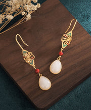 Unique White Ancient Gold Inlaid Jade Enamel Dropwise Glaze Drop Earrings