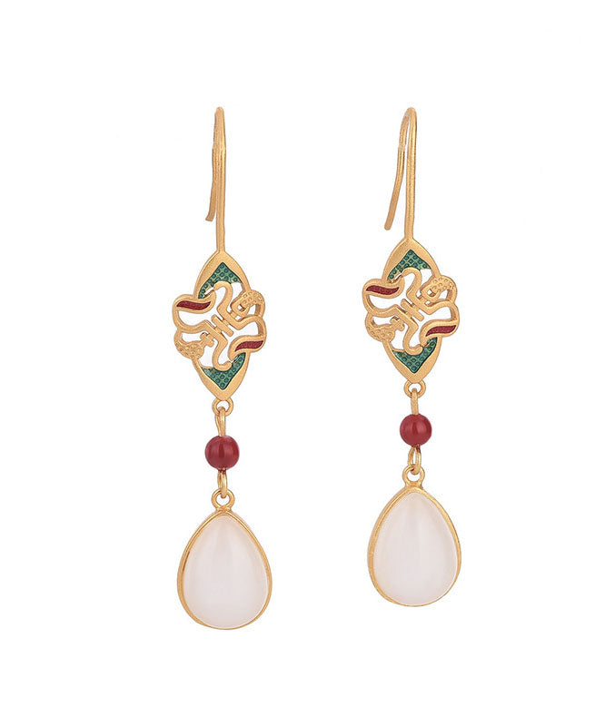 Unique White Ancient Gold Inlaid Jade Enamel Dropwise Glaze Drop Earrings