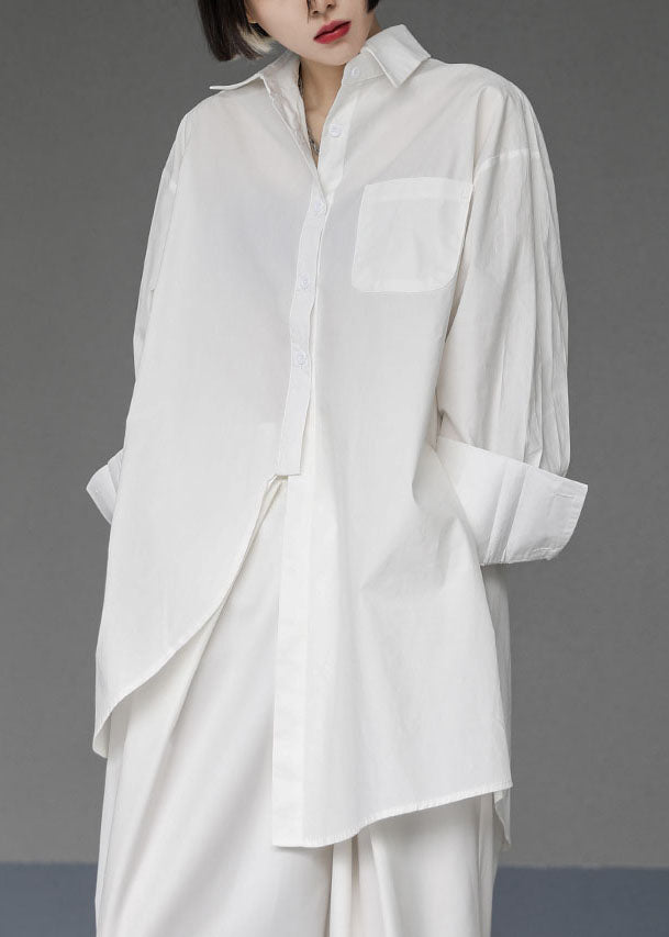 Unique White-Dot Asymmetrical Design Side Open Cotton Long Shirts Spring