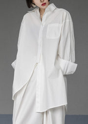 Unique White-texture Asymmetrical Design Side Open Cotton Long Shirts Spring