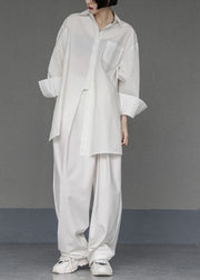 Unique White-texture Asymmetrical Design Side Open Cotton Long Shirts Spring