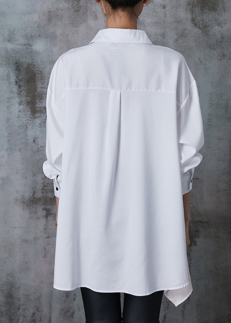 Unique White Asymmetrical Print Chiffon Shirts Summer