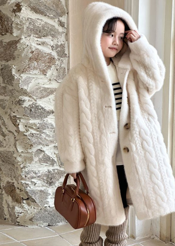 Unique White Button Kids Mink Velvet Maxi Hooded Coat Winter