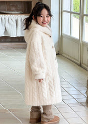 Unique White Button Kids Mink Velvet Maxi Hooded Coat Winter